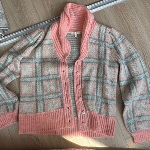 LoveShackFancy Pink and Gray Plaid Cardigan